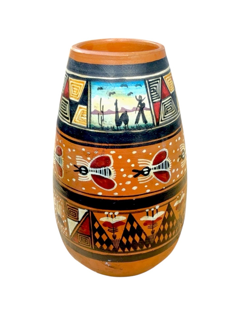Vintage Pisac Cusco Peru Peruvian Pottery Hand Painted Vase Folk Art Geometric